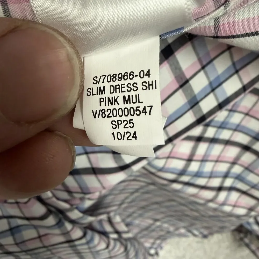 Banana Republic Dress Shirt Mens L Slim Fit Wrinkle Resistant Pink Blue Plaid